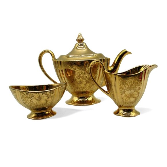 ROYAL WINTON Grimwades Gold Teapot Creamer and Sugar Bowl with Floral Design VTG - Picture 2 of 10